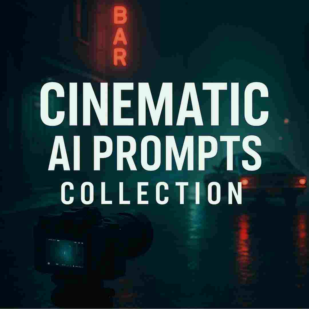 Neon sign reading 'Bar' with a camera and car in the background, text overlay 'Cinematic AI Prompts Collection'.